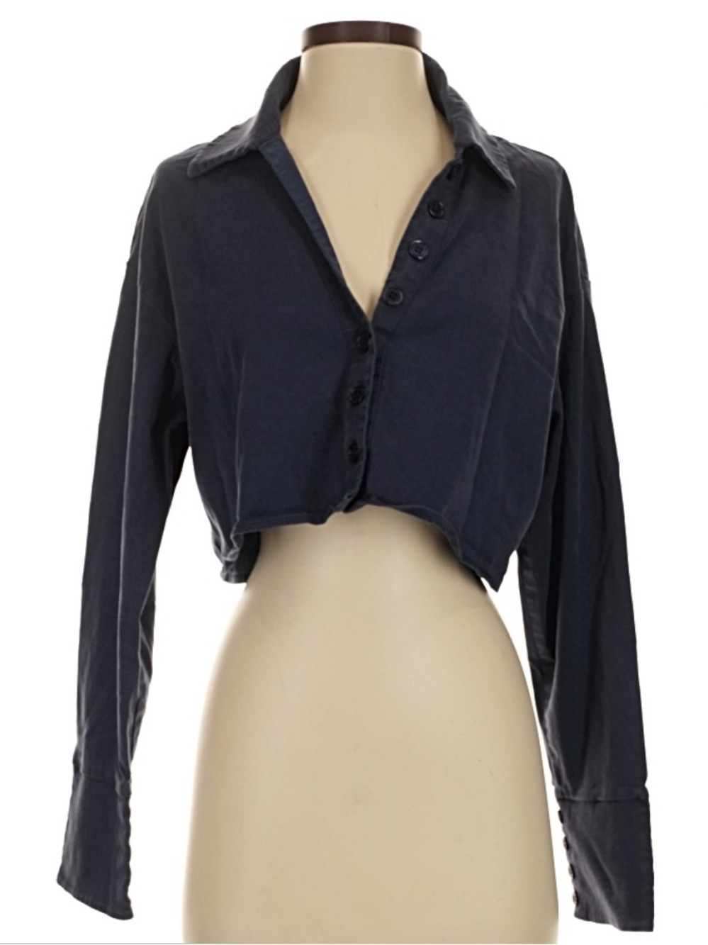 Meshki Navy Cropped Button-Up Long Sleeve Blouse